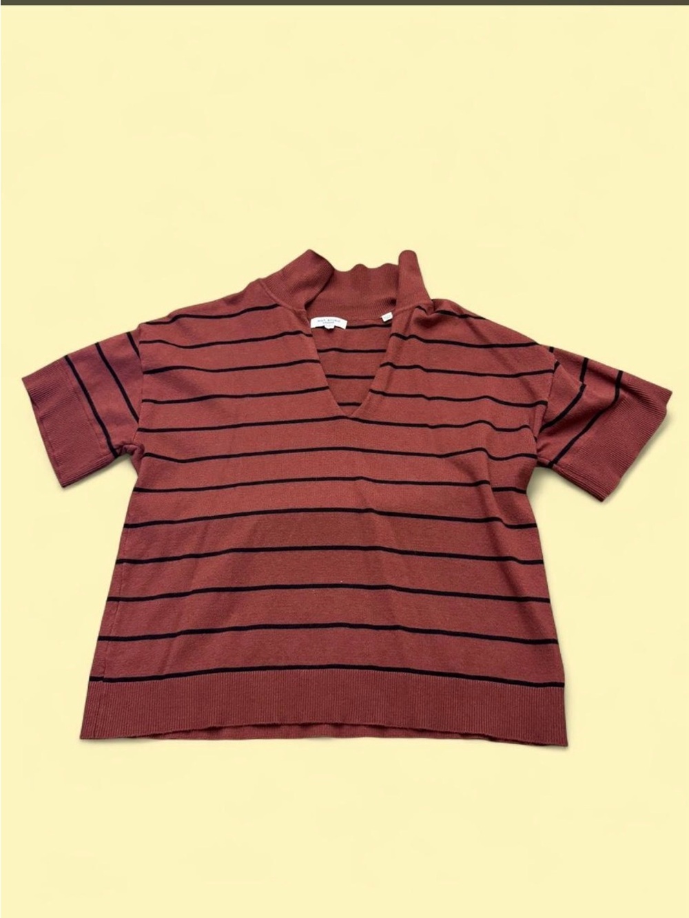 Max Studio Rust and Black Striped V-Neck Knit Tee
